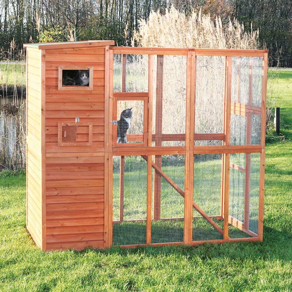 image of Natural Wooden Fully Covered Cattery Cat Run Retreat