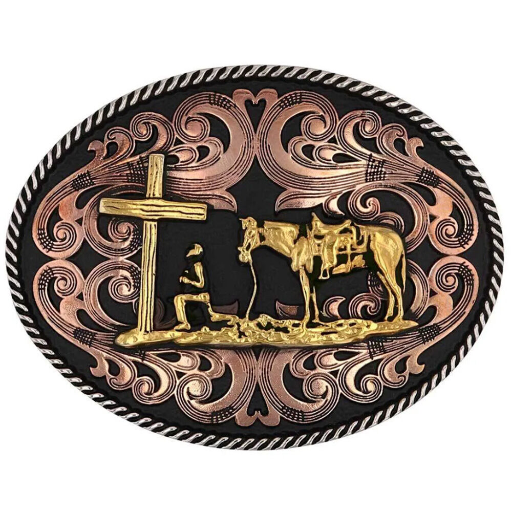 image of Men's Belt Buckle- Tri-tone Christian Cowboy