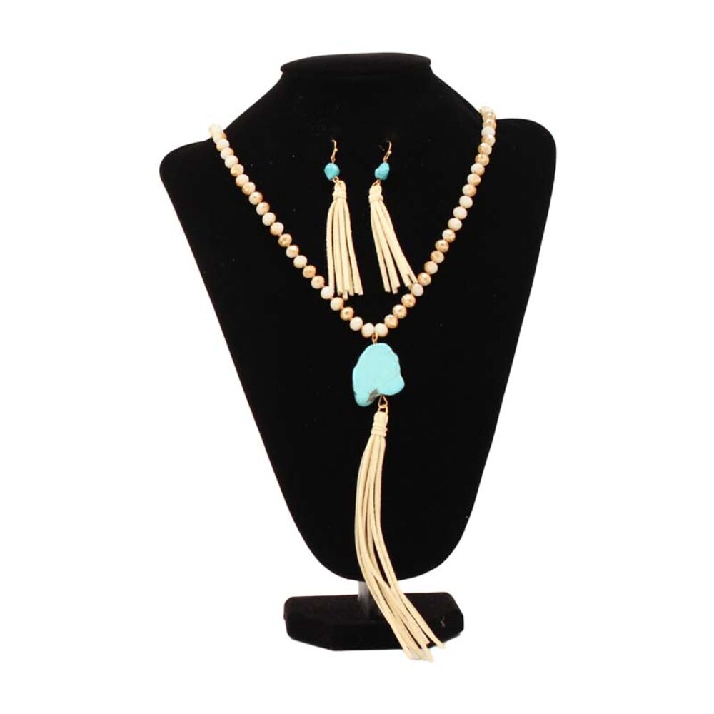 image of Beaded Turquoise Stone Fringe Jewelry Set