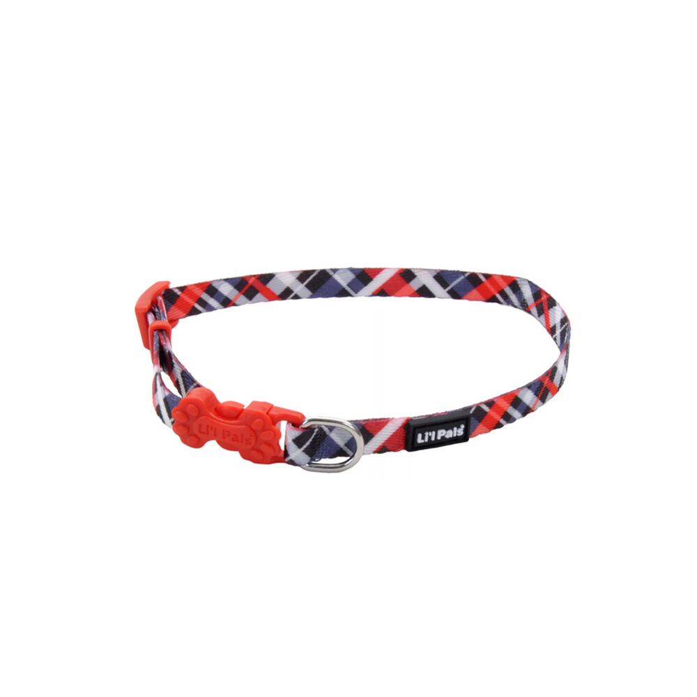 image of Adjustable Patterned Pet Collar -Red and Gray Plaid, XS