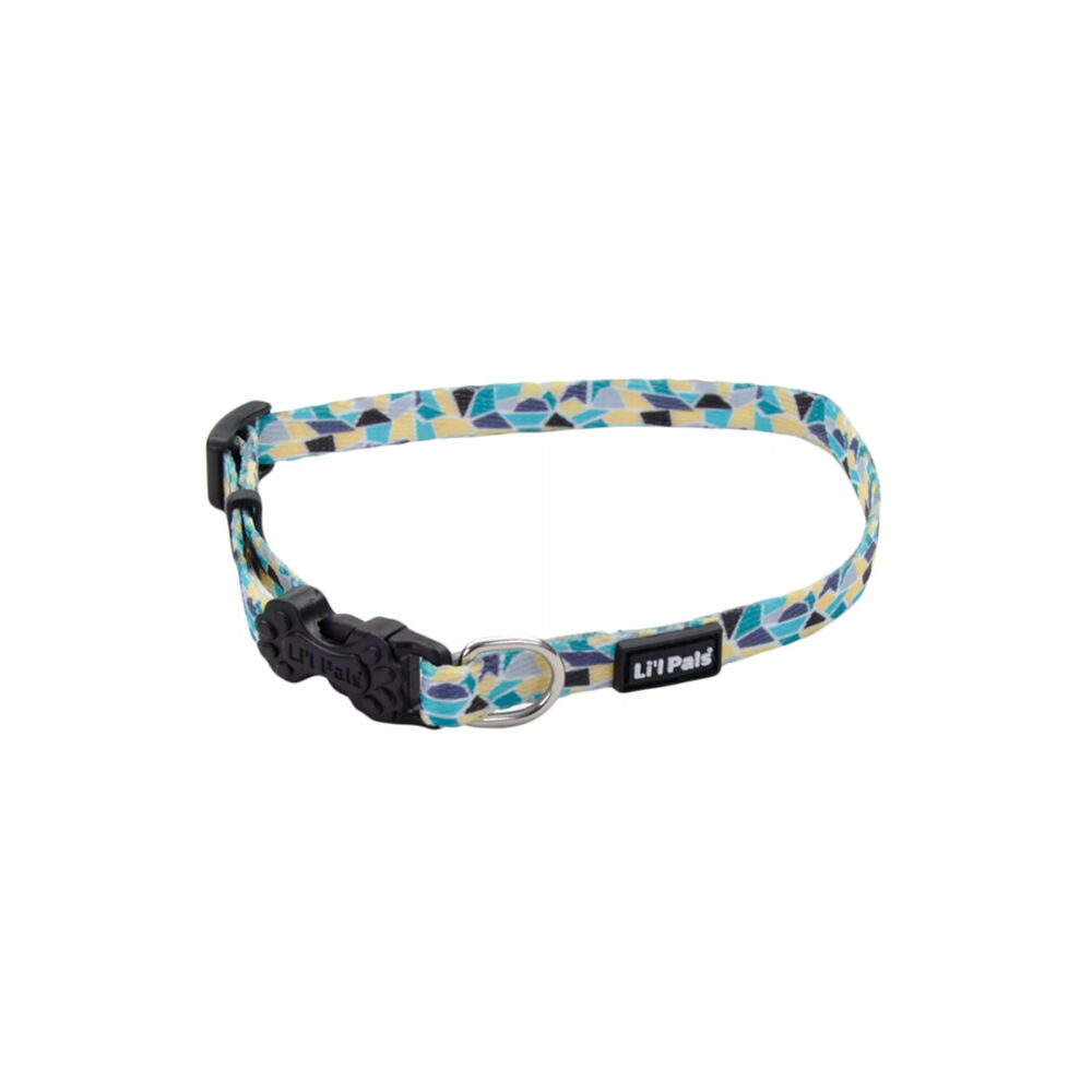image of Adjustable Patterned Pet Collar - Teal Yellow Gray Stained Glass, XS