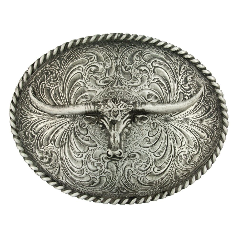 image of Oval Longhorn Classic Antiqued Attitude Belt Buckle