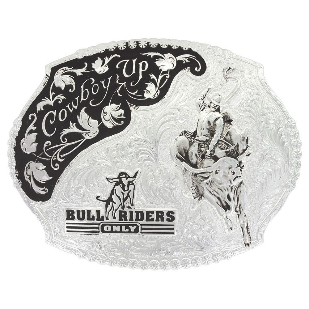 image of Cowboy Up Bull Riders Only Western Belt Buckle Silver