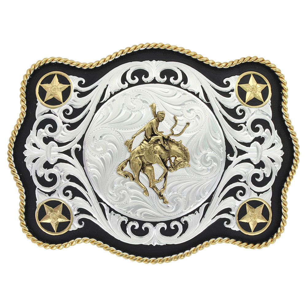 image of Sheridan Style Scalloped Western Belt Buckle with Bronc Rider