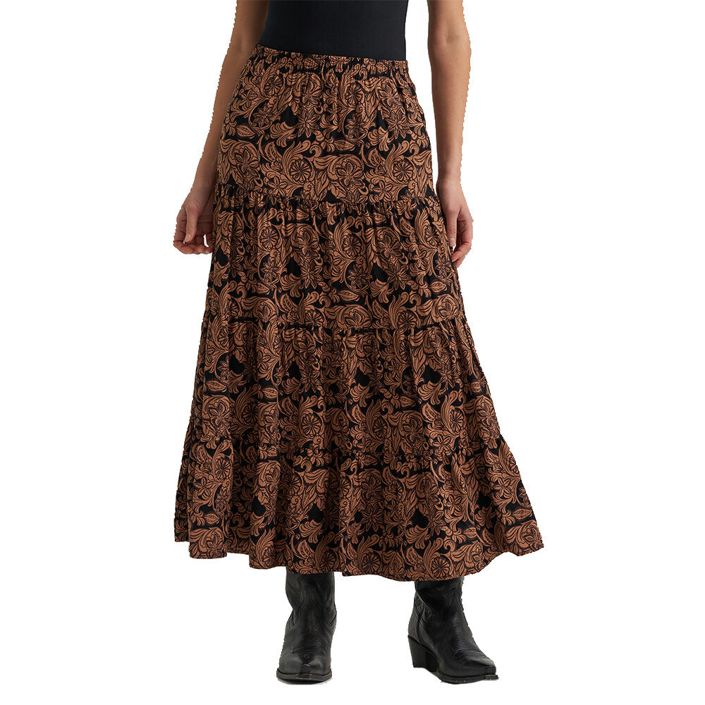 image of Women's Printed Tiered Maxi Skirt, Black