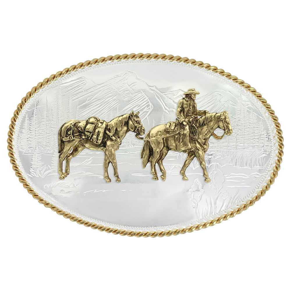 image of Etched Mountains Western Belt Buckle with Pack Horse and Rider