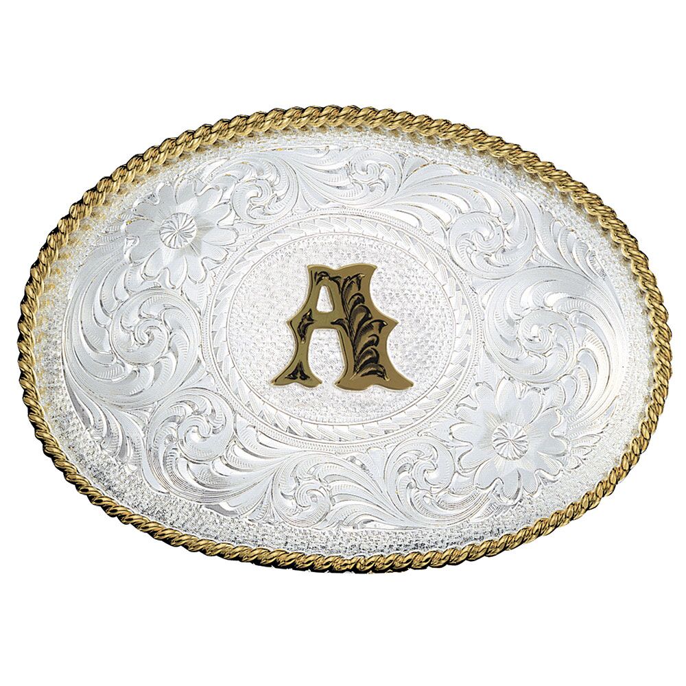 image of Silver Engraved Gold Trim Western Belt Buckle
