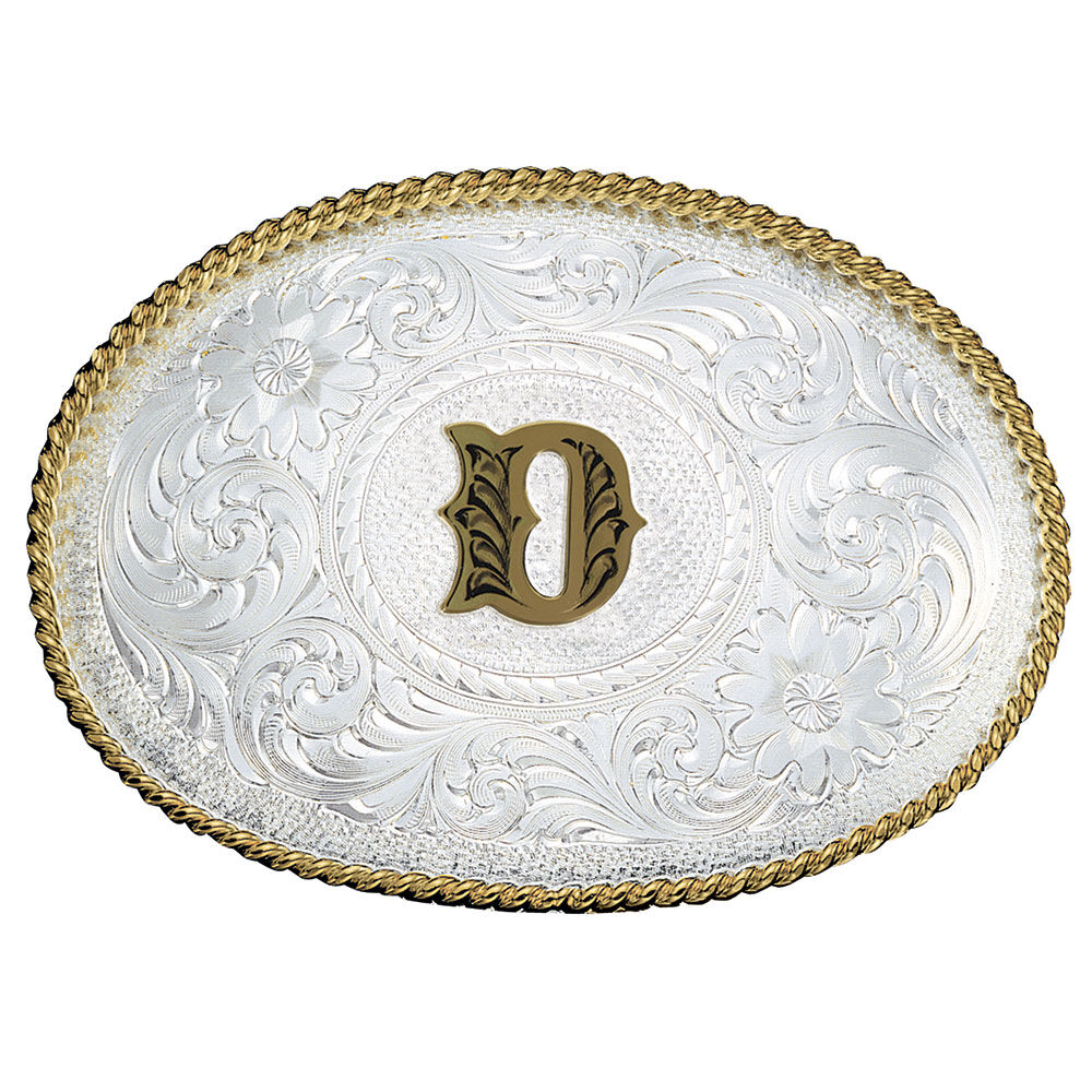 image of Silver Engraved Gold Trim Western Belt Buckle