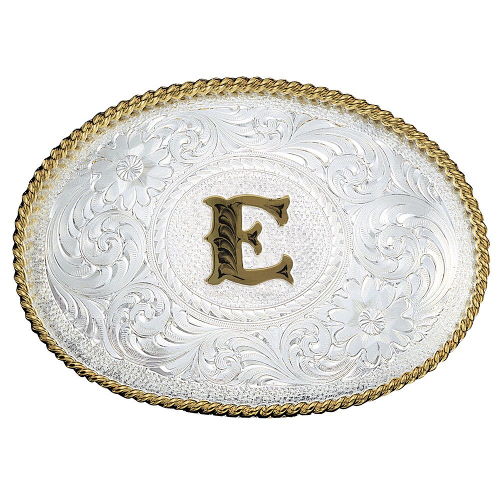 image of Silver Engraved Gold Trim Western Belt Buckle