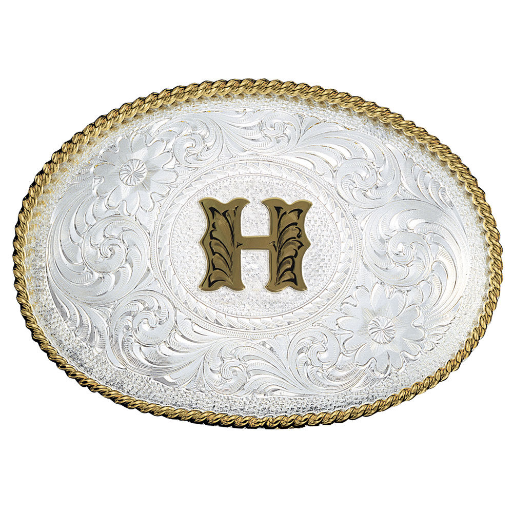 image of Silver Engraved Gold Trim Western Belt Buckle