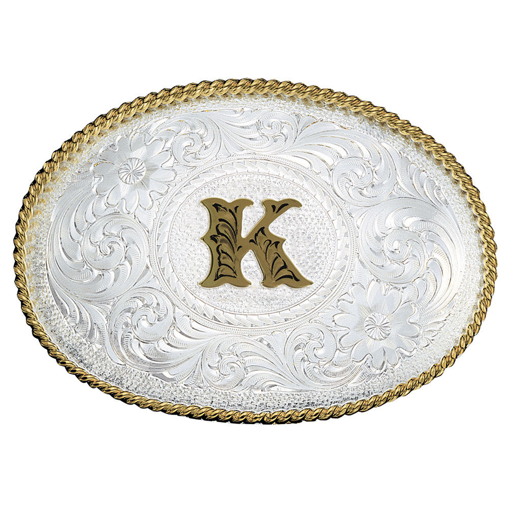 image of Silver Engraved Gold Trim Western Belt Buckle