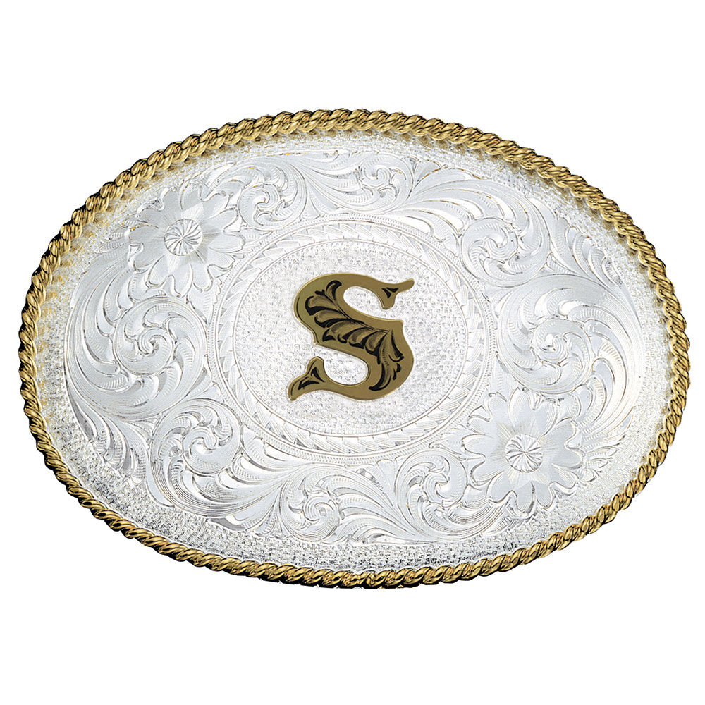 image of Silver Engraved Gold Trim Western Belt Buckle