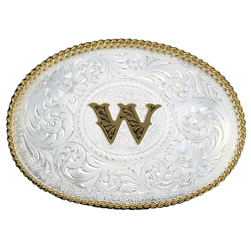 image of Silver Engraved Gold Trim Western Belt Buckle