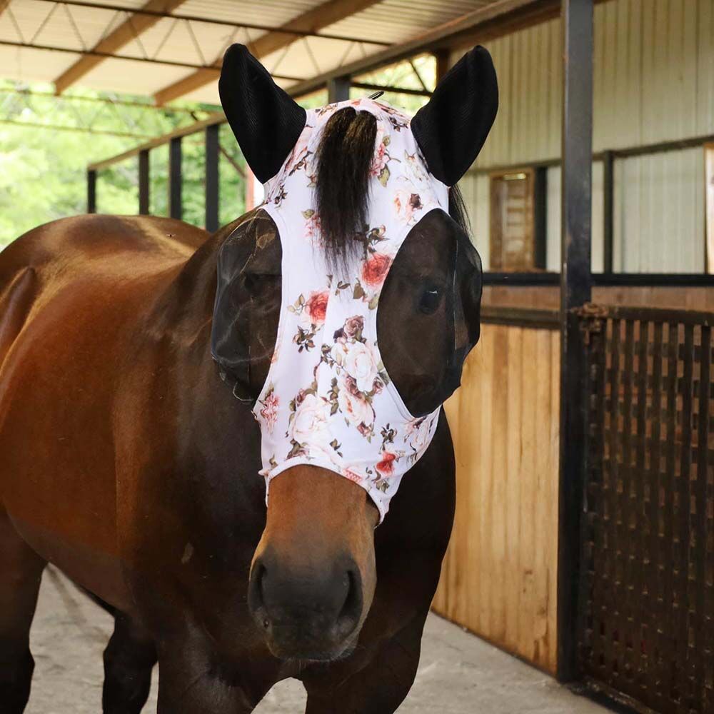 image of Expression Lycra Horse Fly Mask with Ears - Rose Garden - Full