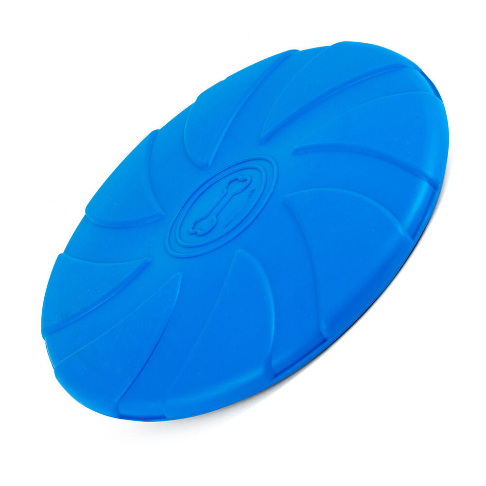 image of Blue Bone Stamped Frisbee Natural Rubber 8 in Dog Toy for Fetching & Chewing - Medium
