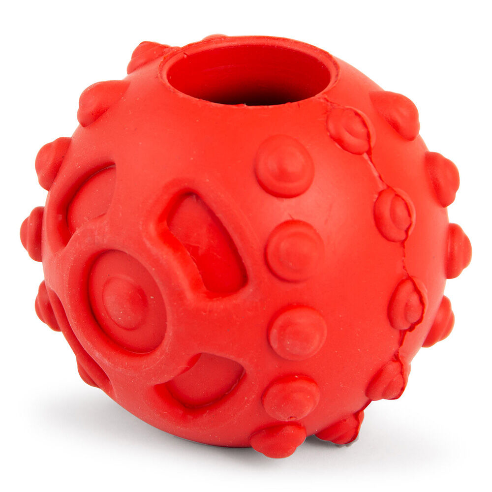image of Hollow Red Knobby Ball Natural Rubber Dental Treat Dispensing Dog Chew Toy - Medium
