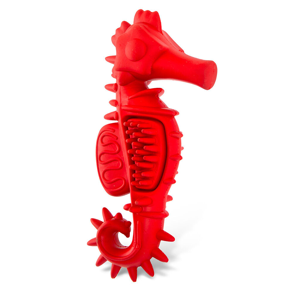 image of Red Seahorse Natural Rubber Dog Chew Toy with Vanilla Scent and Textured Ridges for Dental Health - Small