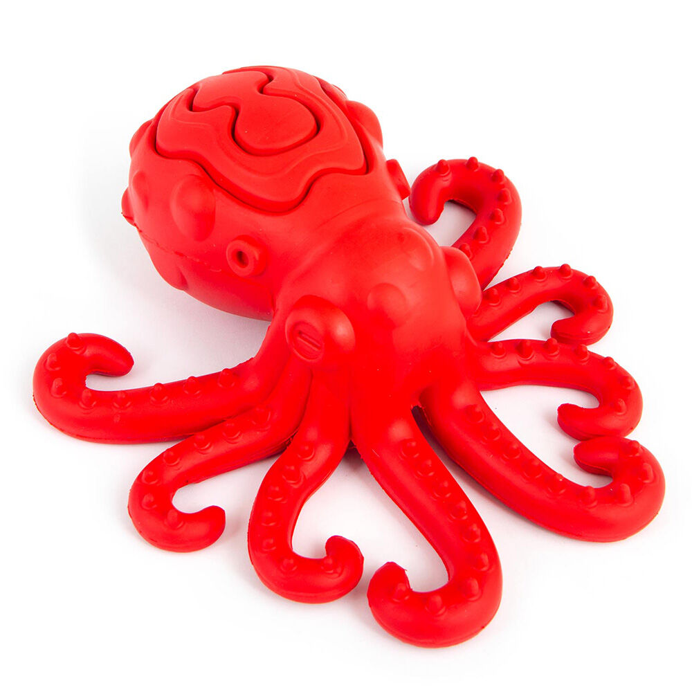 image of Red Octopus Natural Rubber Treat Dispensing Dental Dog Chew Toy - Medium