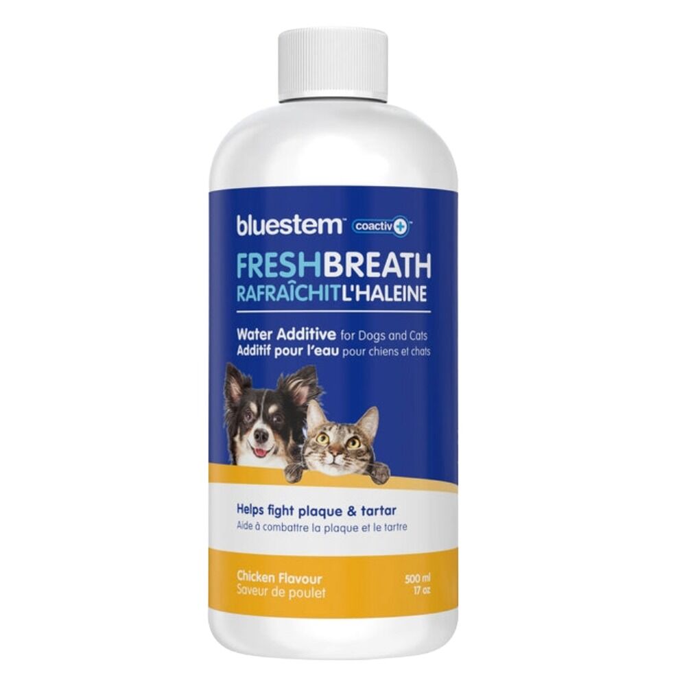 image of Bluestem Oral Care Water Additive for Dogs and Cats with coactiv+ Chicken Flavor , 17 fl. oz