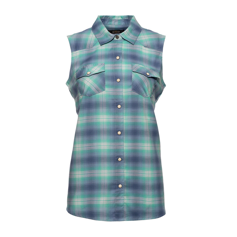 image of Women's FullFlexx Western Sleeveless Shirt, Seabreeze Plaid