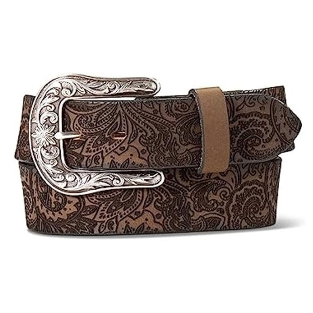 image of Women's Belt- Paisley Laser-Cut Leather with Silver Buckle